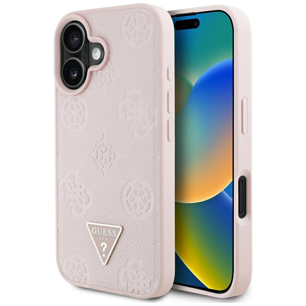 Custodia MagSafe per Apple iPhone 16, Guess, Peony Grained Hot Stamp Triangle, Rosa