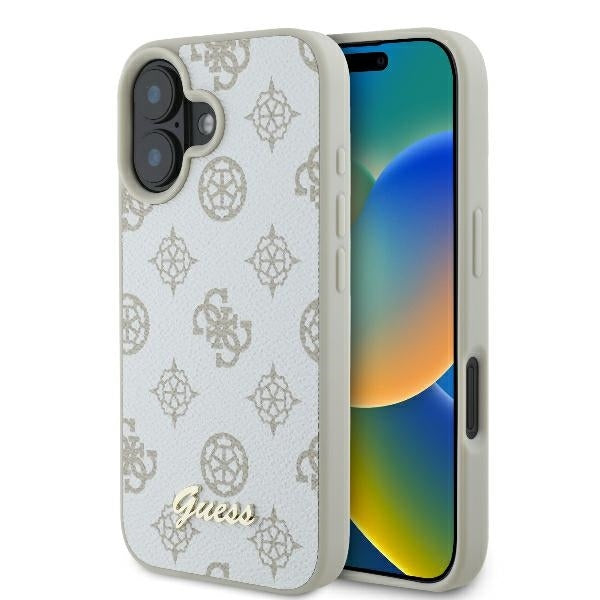 Custodia MagSafe per Apple iPhone 16, Guess, Peony Script, Bianca