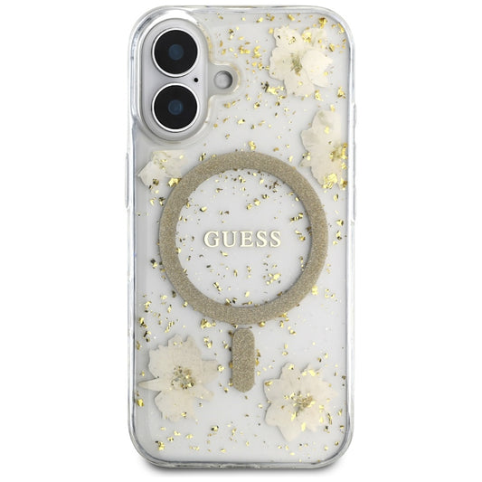 Custodia MagSafe per Apple iPhone 16, Guess, Resin Flowers and Glitter, Beige