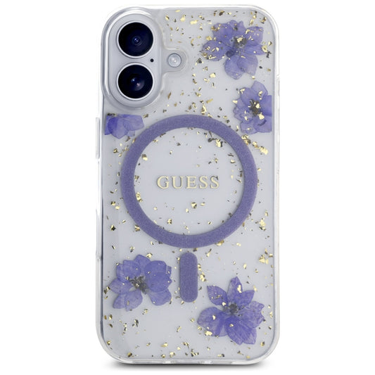 Custodia MagSafe per Apple iPhone 16, Guess, Resin Flowers and Glitter, Viola