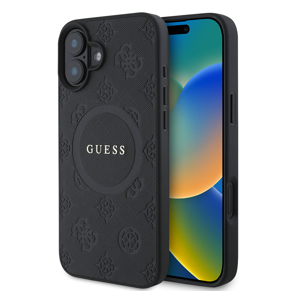 Custodia MagSafe per Apple iPhone 16, Guess, Saffiano Peony Classic Logo, Nera