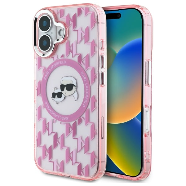 Custodia MagSafe per Apple iPhone 16, Karl Lagerfeld, IML Monogramma Karl & Choupette's Heads, Rosa