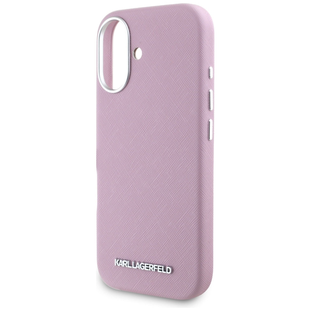 Custodia MagSafe per Apple iPhone 16, Karl Lagerfeld, Saffiano Full Wrapped Elongated Metal Logo, Rosa