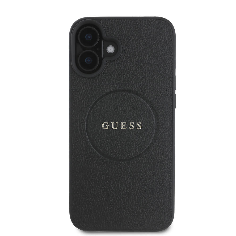 Custodia MagSafe per Apple iPhone 16 Plus, Guess, Grained Gold Ring, Nera