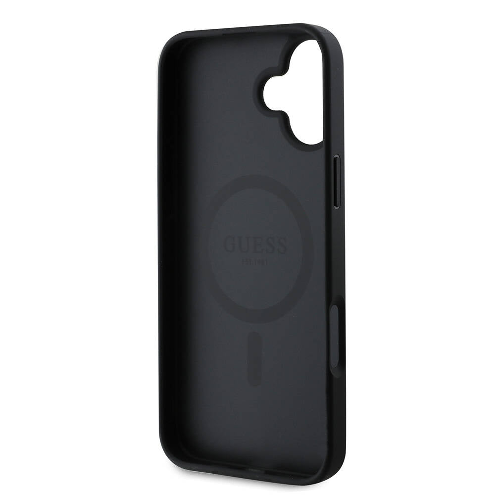 Custodia MagSafe per Apple iPhone 16 Plus, Guess, Grained Gold Ring, Nera