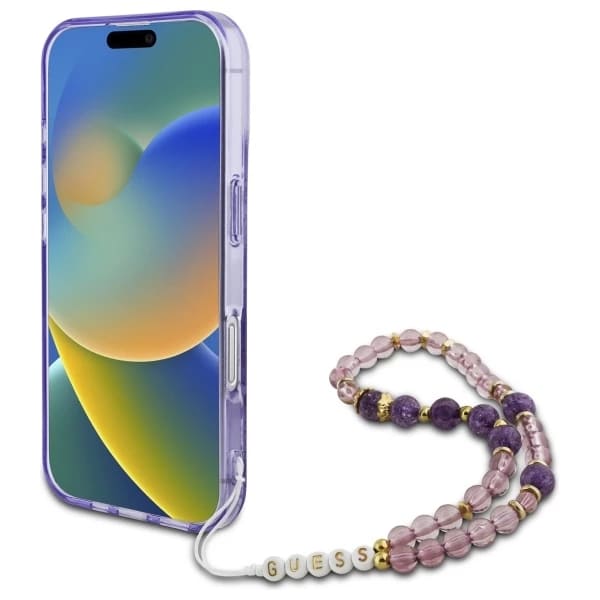 Custodia MagSafe per Apple iPhone 16 Plus, Guess, IML Flowers with Pearl Strap, Viola