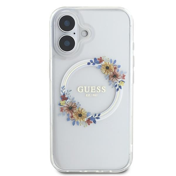 Custodia MagSafe per Apple iPhone 16 Plus, Guess, IML Flowers Wreath, Trasparente