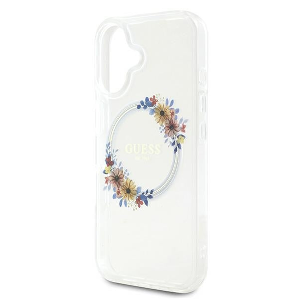 Custodia MagSafe per Apple iPhone 16 Plus, Guess, IML Flowers Wreath, Trasparente