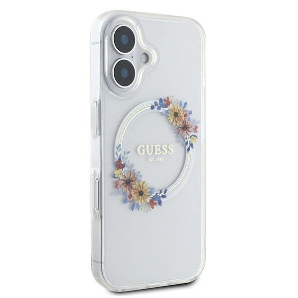 Custodia MagSafe per Apple iPhone 16 Plus, Guess, IML Flowers Wreath, Trasparente