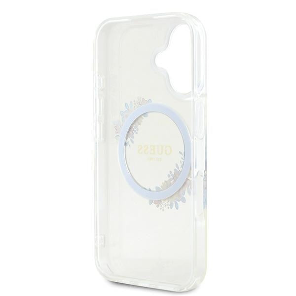 Custodia MagSafe per Apple iPhone 16 Plus, Guess, IML Flowers Wreath, Trasparente
