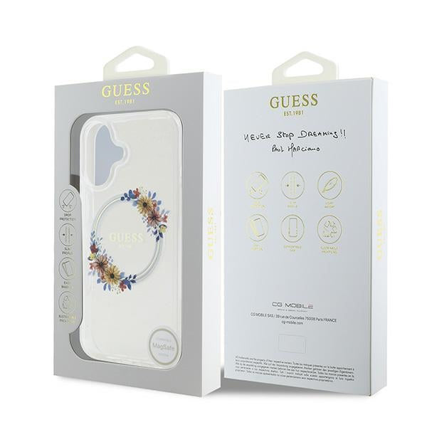 Custodia MagSafe per Apple iPhone 16 Plus, Guess, IML Flowers Wreath, Trasparente