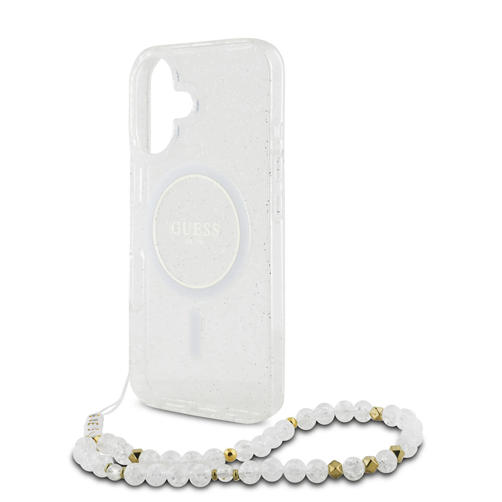 MagSafe Case for Apple iPhone 16 Plus, Guess, IML Glitter with Pearl Strap, Transparent
