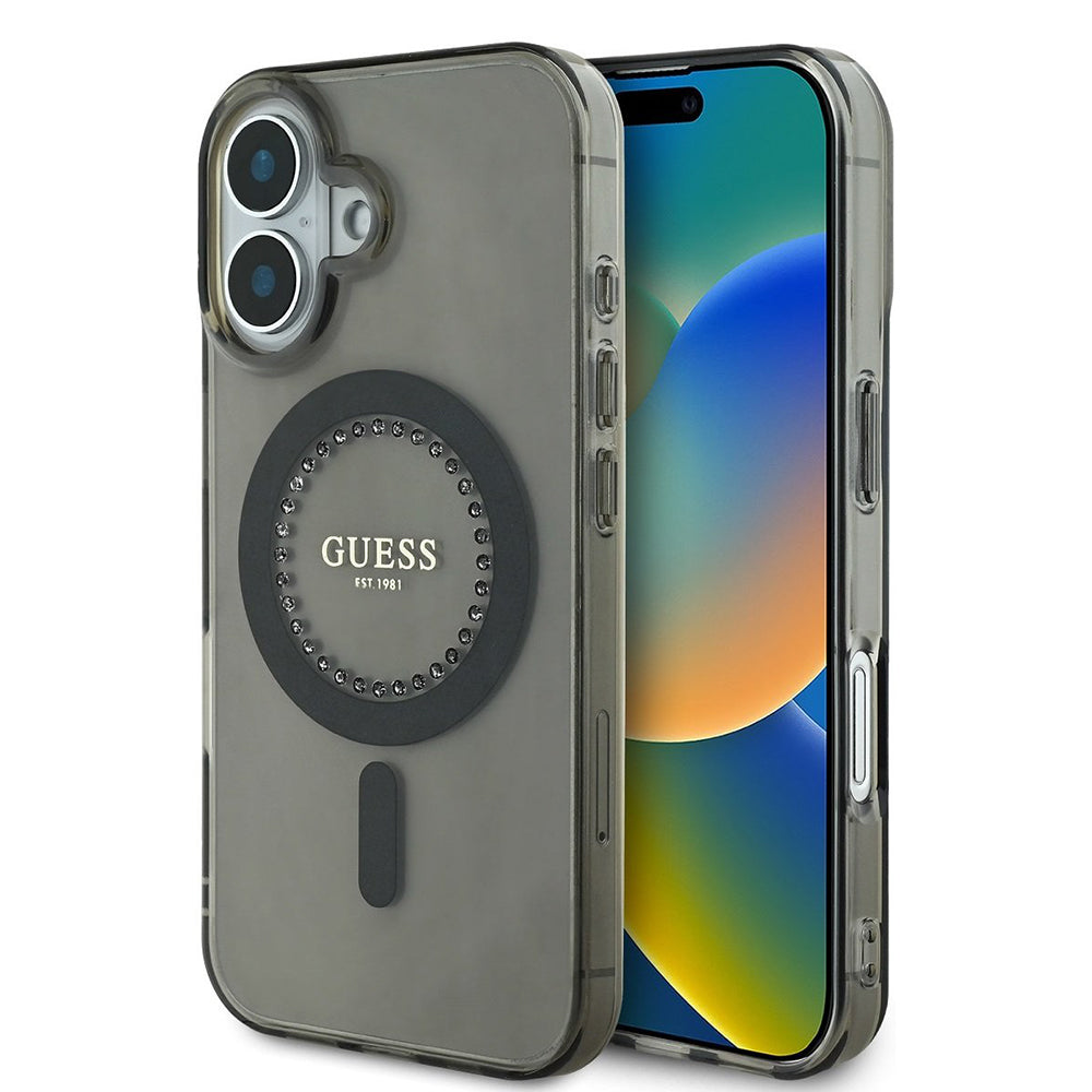 Custodia MagSafe per Apple iPhone 16 Plus, Guess, IML Rhinestone, Nera