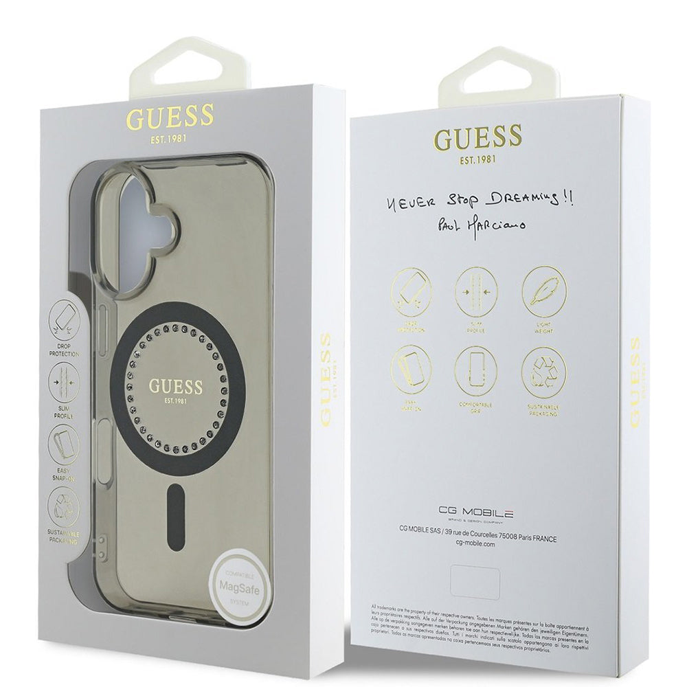 Custodia MagSafe per Apple iPhone 16 Plus, Guess, IML Rhinestone, Nera