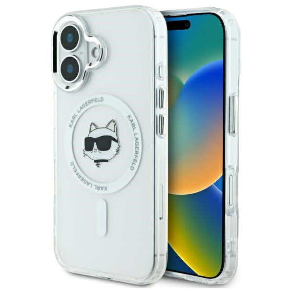 Custodia MagSafe per Apple iPhone 16 Plus, Karl Lagerfeld, IML Metal Choupette's Head, Bianca.