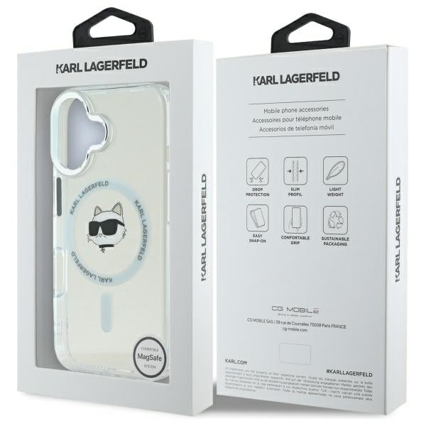 Custodia MagSafe per Apple iPhone 16 Plus, Karl Lagerfeld, IML Metal Choupette's Head, Bianca.
