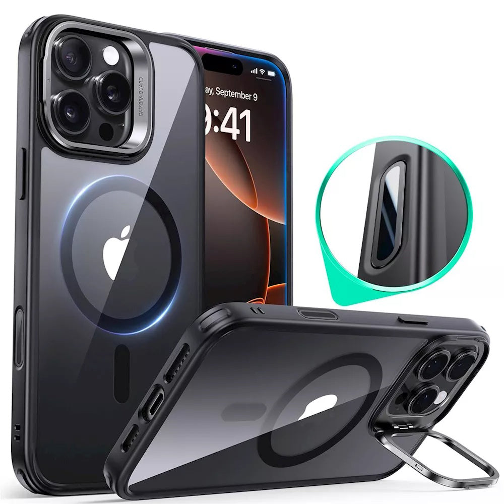 Custodia MagSafe per Apple iPhone 16 Pro, ESR, Classic Hybrid Kickstand Slide, Nera Trasparente