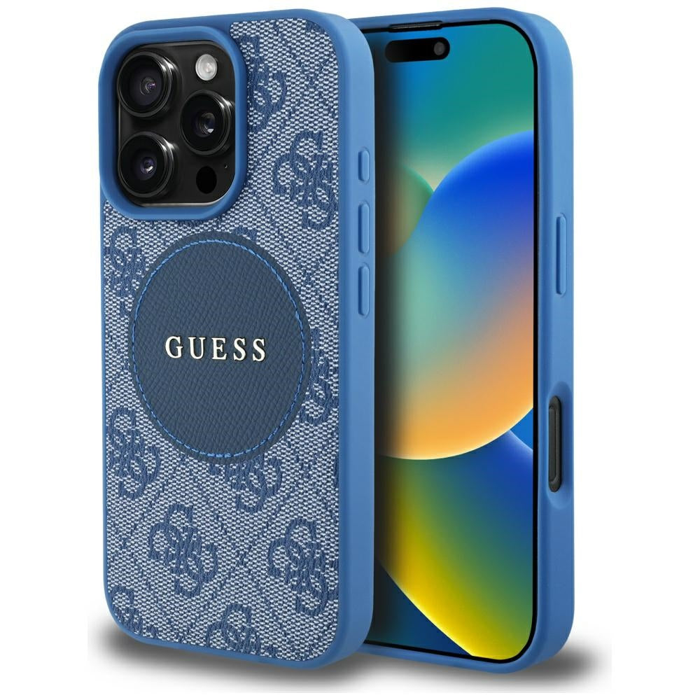 Custodia MagSafe per Apple iPhone 16 Pro, Guess, 4G Circle Classic Logo, Blu