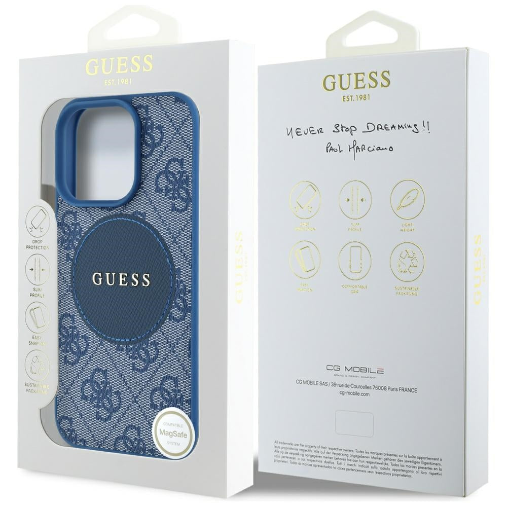 Custodia MagSafe per Apple iPhone 16 Pro, Guess, 4G Circle Classic Logo, Blu