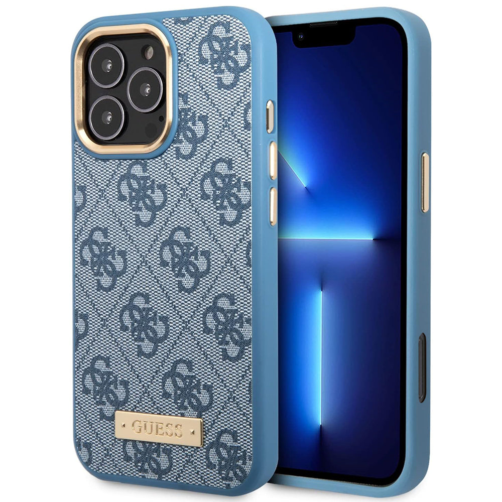 Custodia MagSafe per Apple iPhone 16 Pro, Guess, 4G Logo Plate, Blu