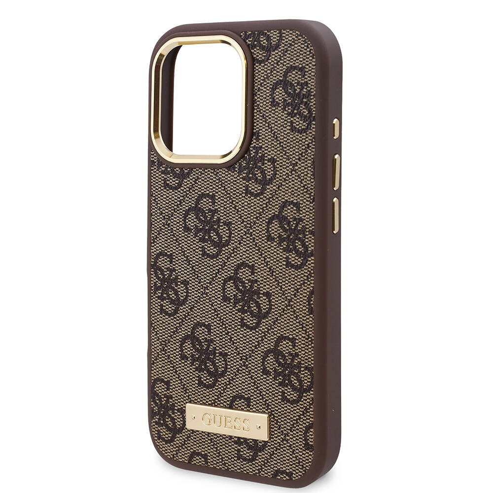 Custodia MagSafe per Apple iPhone 16 Pro, Guess, 4G Logo Plate, Marrone