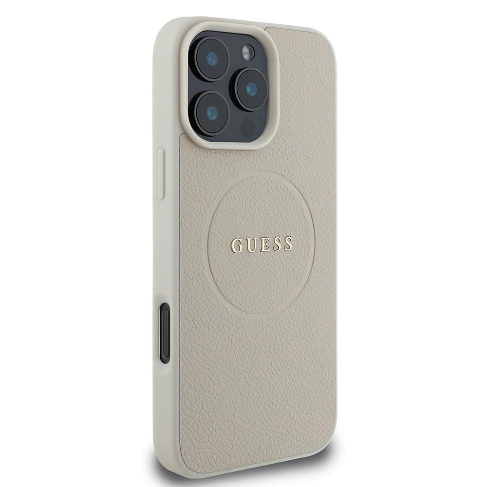 Custodia MagSafe per Apple iPhone 16 Pro, Guess, Grained Gold Ring, Beige