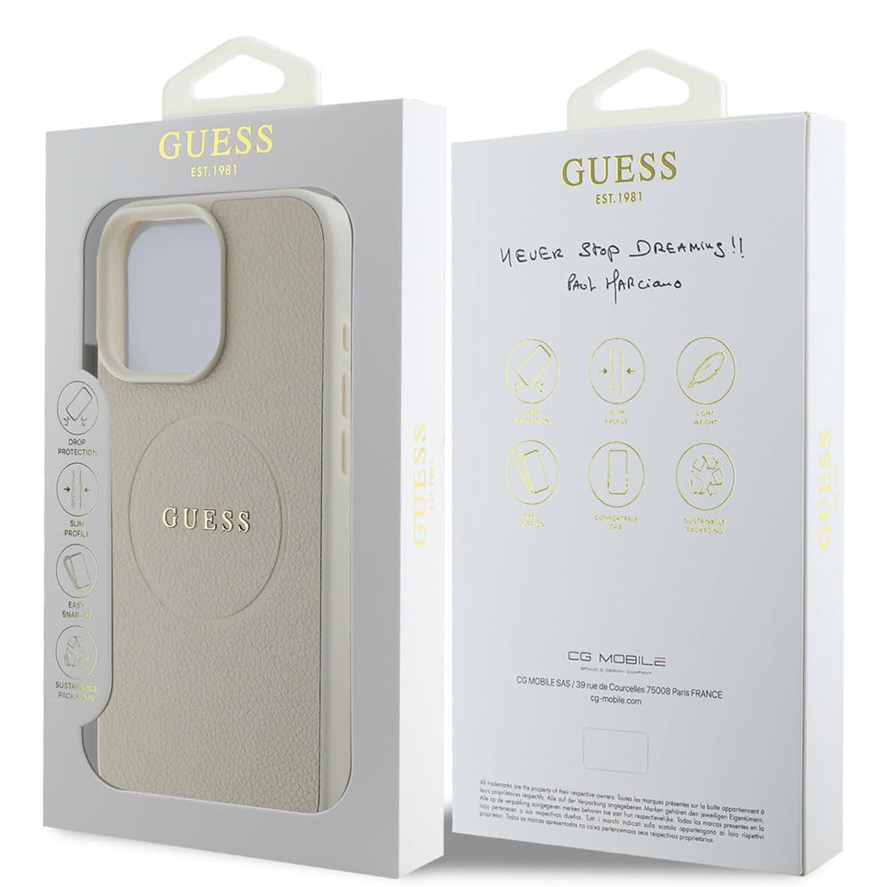 Custodia MagSafe per Apple iPhone 16 Pro, Guess, Grained Gold Ring, Beige