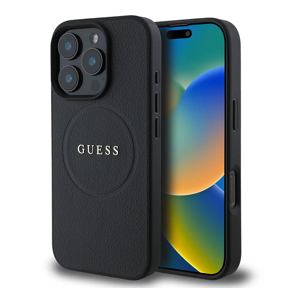 Custodia MagSafe per Apple iPhone 16 Pro, Guess, Grained Gold Ring, Nera