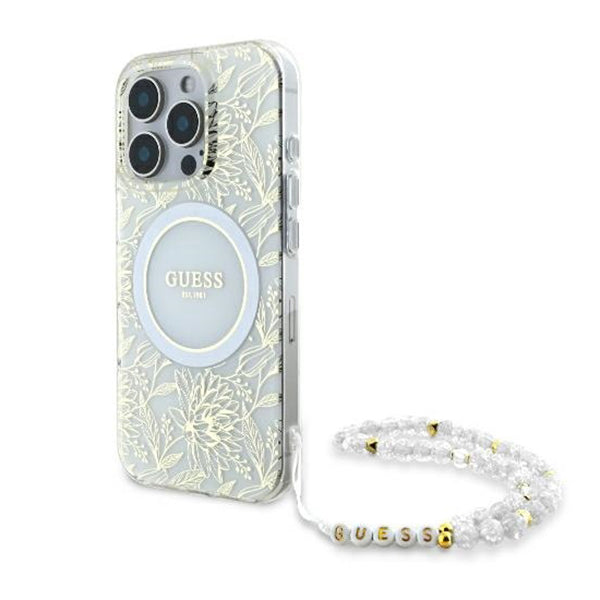 Custodia MagSafe per Apple iPhone 16 Pro, Guess, IML Flowers Allover Electroplated with Pearl Strap, Bianca