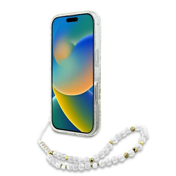 Custodia MagSafe per Apple iPhone 16 Pro, Guess, IML Flowers Allover Electroplated with Pearl Strap, Bianca