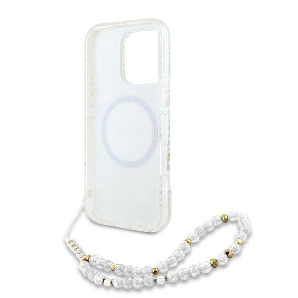 Custodia MagSafe per Apple iPhone 16 Pro, Guess, IML Flowers Allover Electroplated with Pearl Strap, Bianca