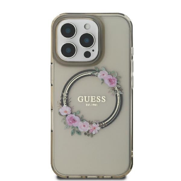 Custodia MagSafe per Apple iPhone 16 Pro, Guess, IML Flowers Wreath, Nera