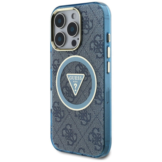 Custodia MagSafe per Apple iPhone 16 Pro, Guess, IML Glitter 4G Circle Triangle, Blu