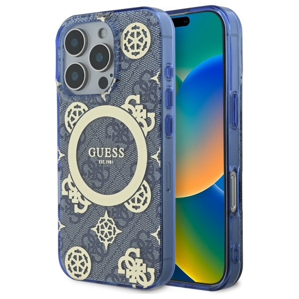 Custodia MagSafe per Apple iPhone 16 Pro, Guess, IML Peony On 4G Background, Blu