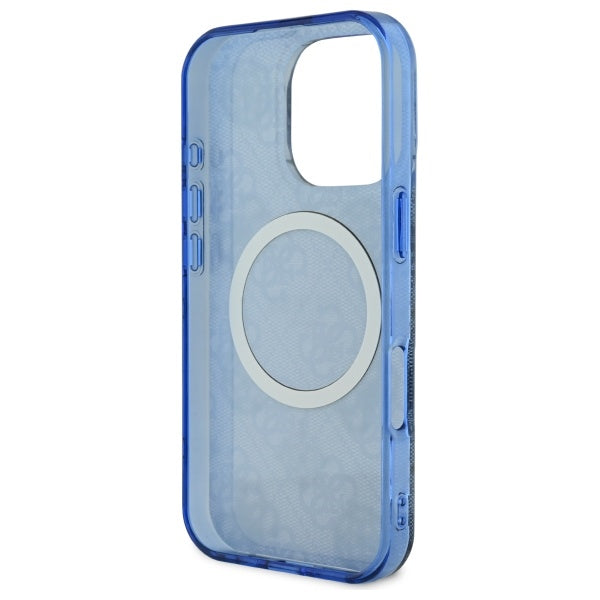 Custodia MagSafe per Apple iPhone 16 Pro, Guess, IML Peony On 4G Background, Blu