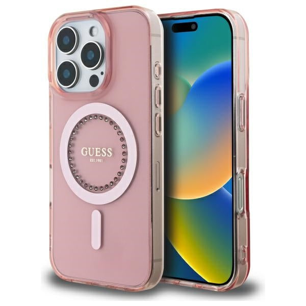 Custodia MagSafe per Apple iPhone 16 Pro, Guess, IML Rhinestone, Rosa
