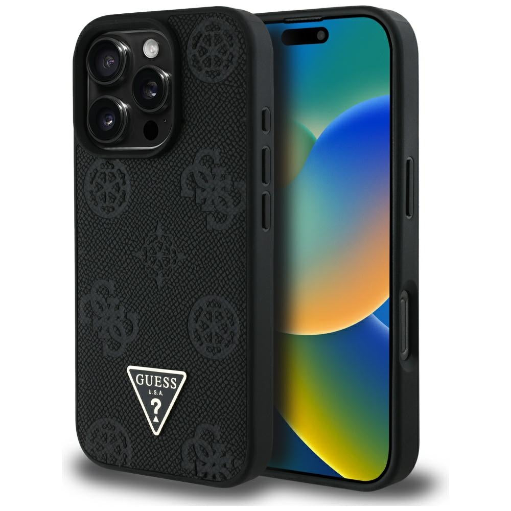 Custodia MagSafe per Apple iPhone 16 Pro, Guess, Peony Grained Hot Stamp Triangle, Nera
