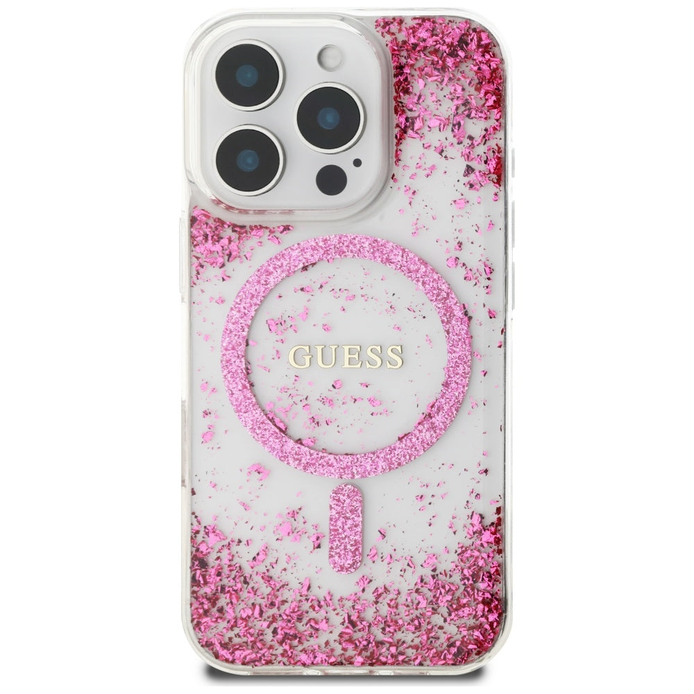 Custodia MagSafe per Apple iPhone 16 Pro, Guess, Resin Bottom Glitter, Rosa