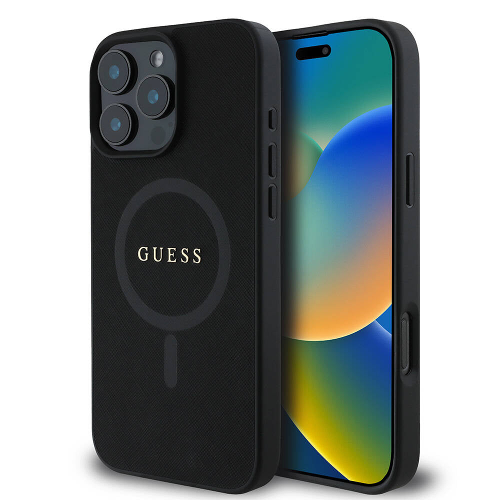 Custodia MagSafe per Apple iPhone 16 Pro, Guess, Saffiano Classic Logo, Nera