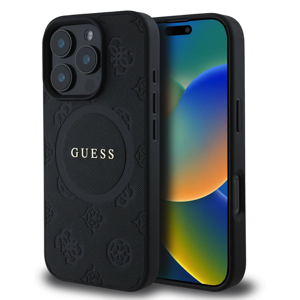 Custodia MagSafe per Apple iPhone 16 Pro, Guess, Saffiano Peony Classic Logo, Nera