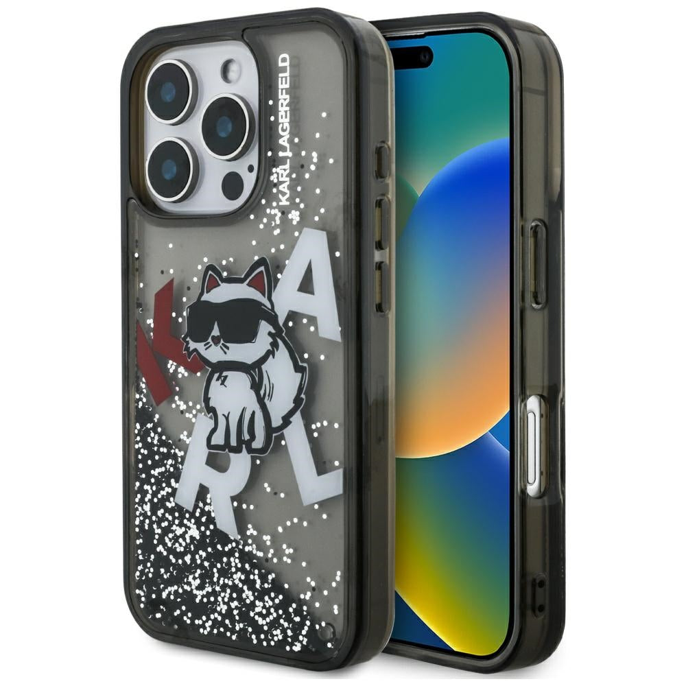 MagSafe Case for Apple iPhone 16 Pro, Karl Lagerfeld, Liquid Glitter Choupette Logo, Black
