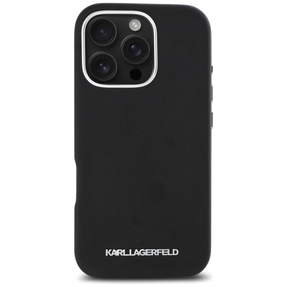 Custodia MagSafe per Apple iPhone 16 Pro, Karl Lagerfeld, Saffiano Full Wrapped Elongated Metal Logo, Nera
