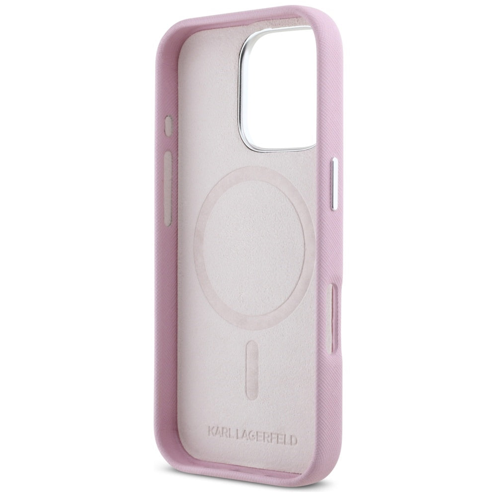 Custodia MagSafe per Apple iPhone 16 Pro, Karl Lagerfeld, Saffiano Full Wrapped Elongated Metal Logo, Rosa