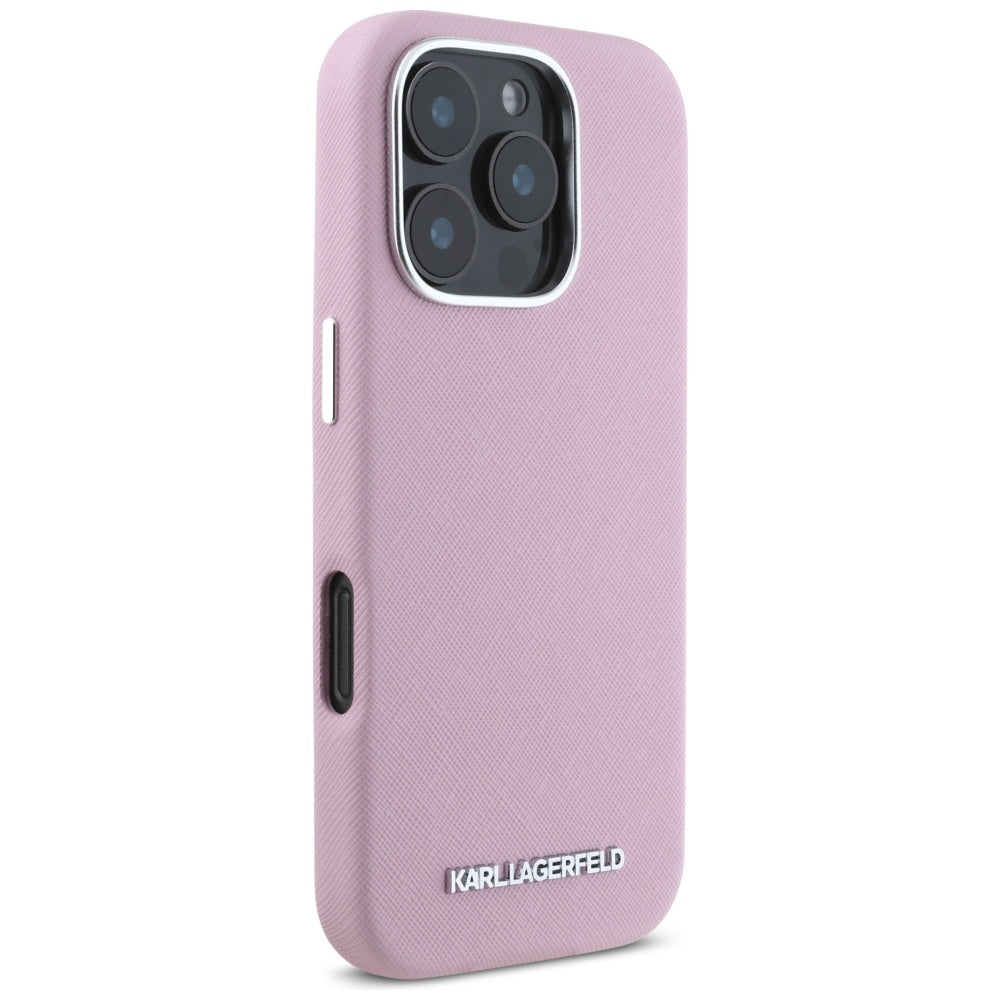Custodia MagSafe per Apple iPhone 16 Pro, Karl Lagerfeld, Saffiano Full Wrapped Elongated Metal Logo, Rosa