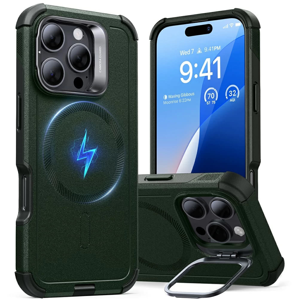 Custodia MagSafe per Apple iPhone 16 Pro Max, ESR, Cyber Armor Kickstand, Verde