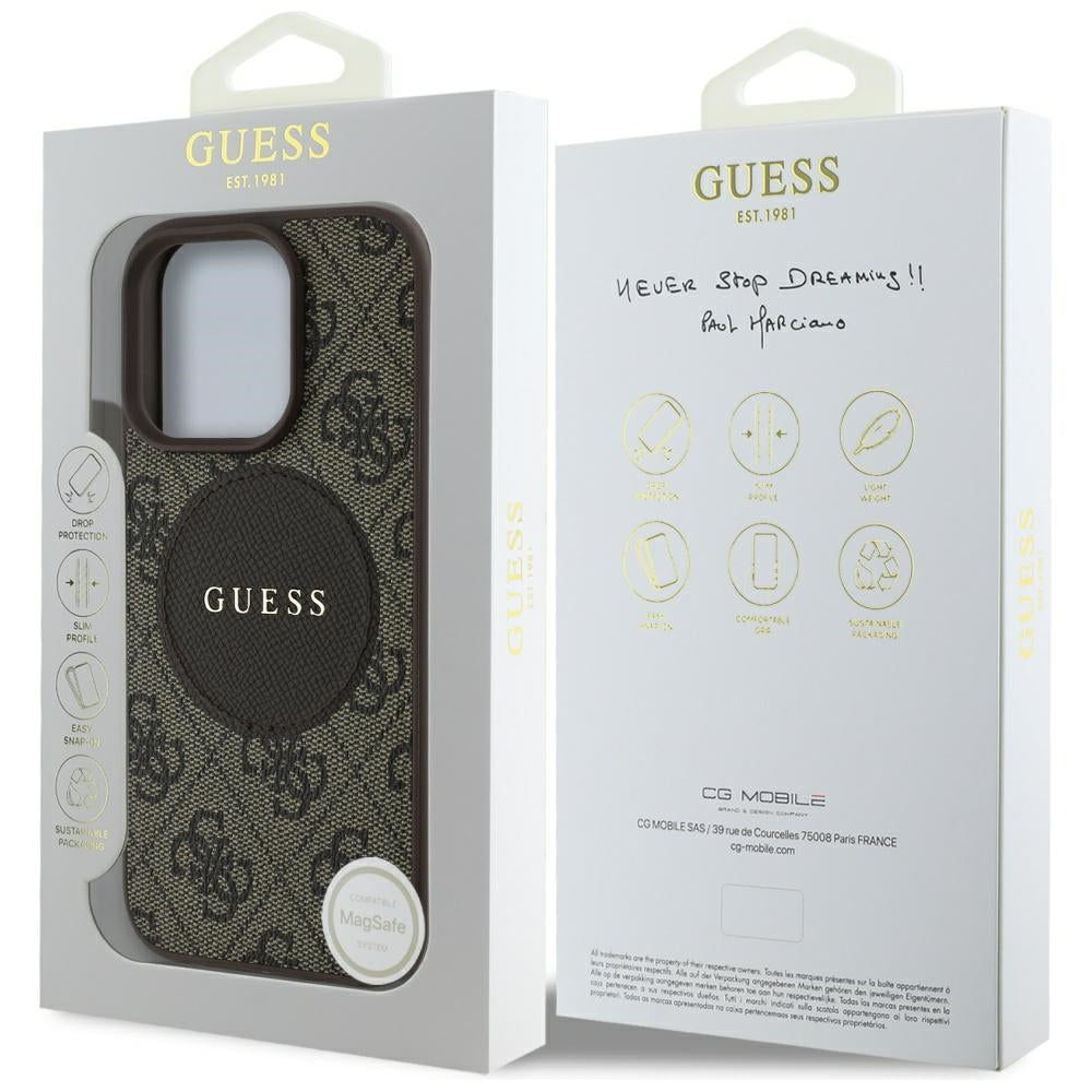 Custodia MagSafe per Apple iPhone 16 Pro Max, Guess, 4G Circle Classic Logo, Marrone