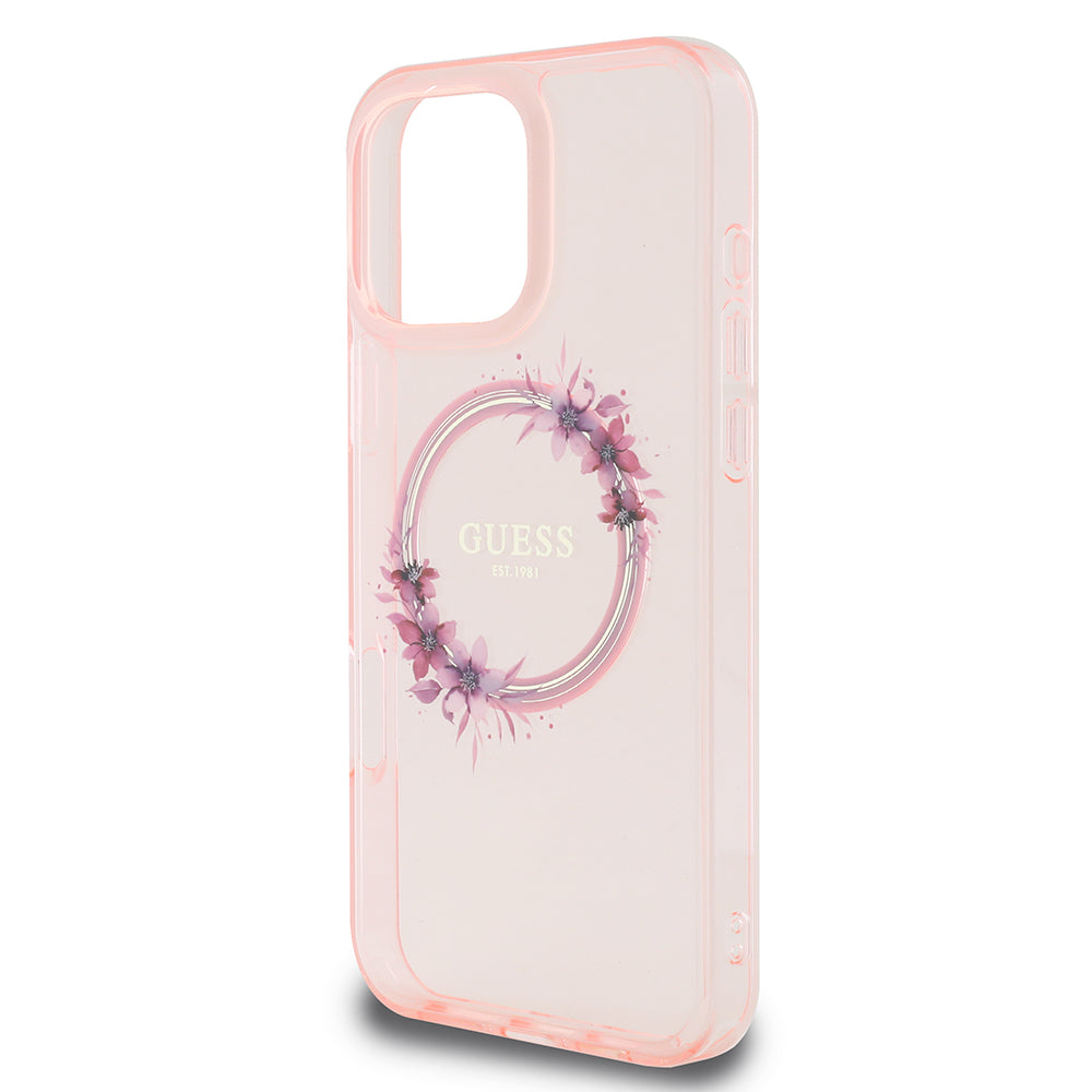 Custodia MagSafe per Apple iPhone 16 Pro Max, Guess, IML Flowers Wreath, Rosa