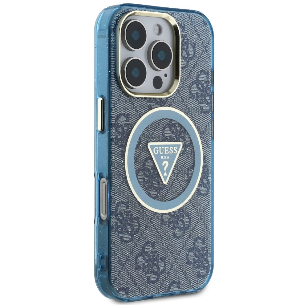 Custodia MagSafe per Apple iPhone 16 Pro Max, Guess, IML Glitter 4G Circle Triangle, Blu