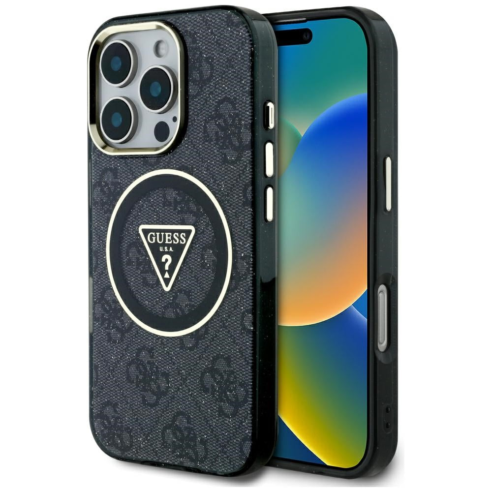 Custodia MagSafe per Apple iPhone 16 Pro Max, Guess, IML Glitter 4G Circle Triangle, Nera