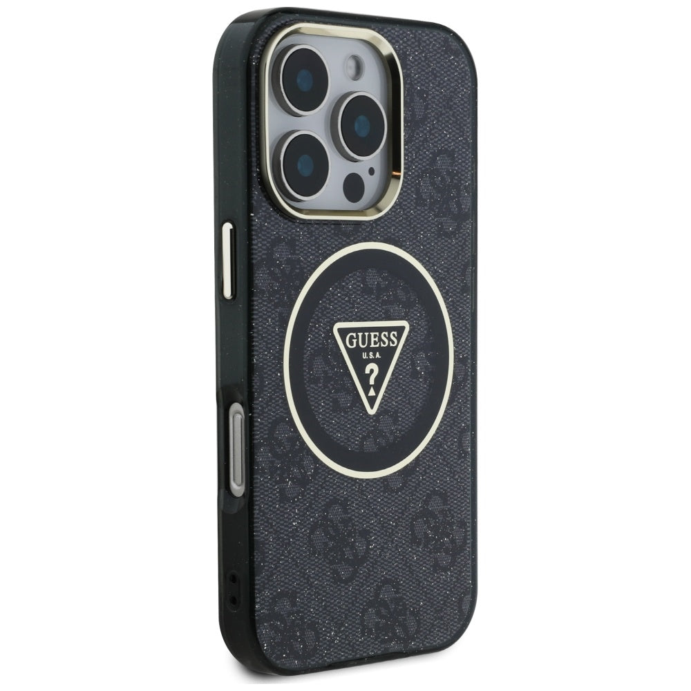 Custodia MagSafe per Apple iPhone 16 Pro Max, Guess, IML Glitter 4G Circle Triangle, Nera